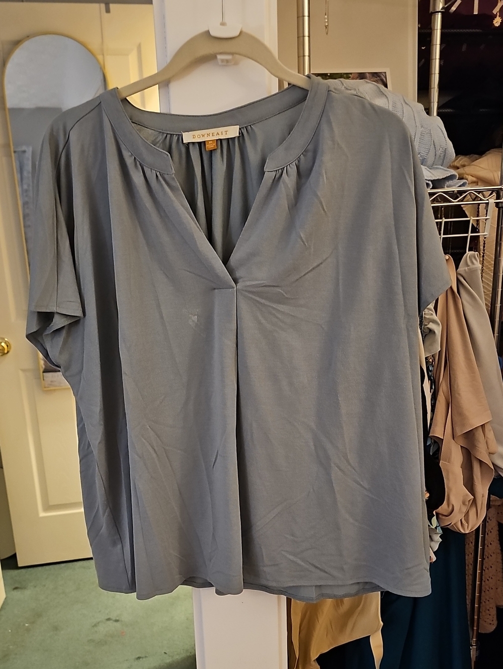 DownEast Slate Blue V-Neck Short Sleeve Blouse